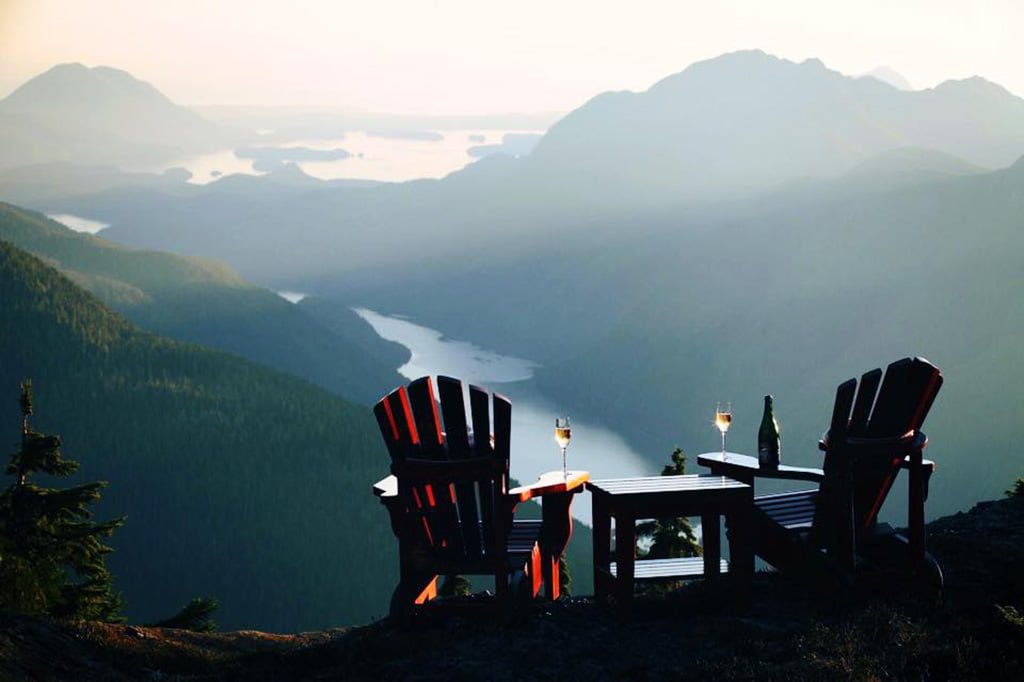 Lawn chairs on a mountain at Clayoquot Wilderness Resort