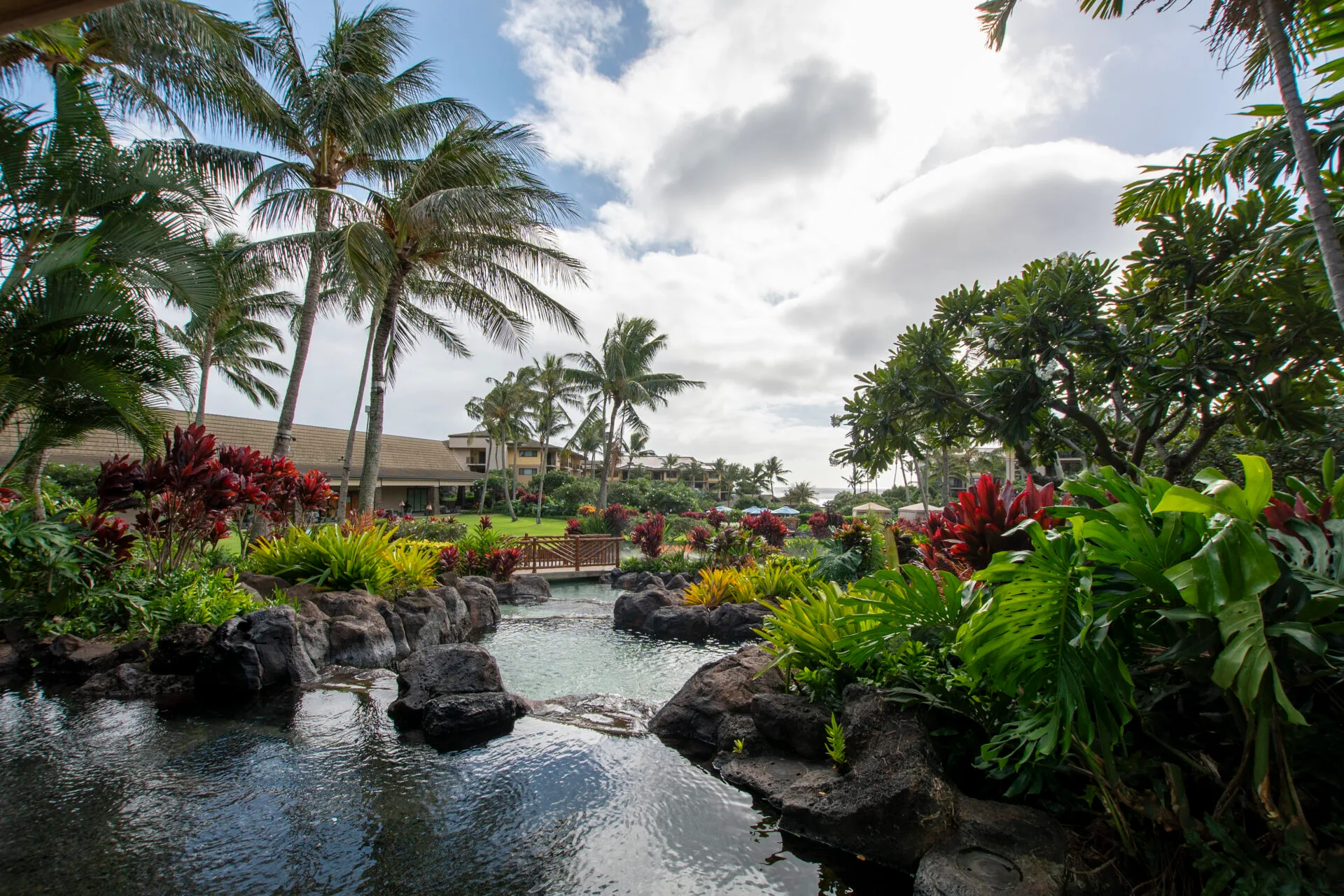 garden and stream at best family hotel in Kauai, Koloa Landing Resort