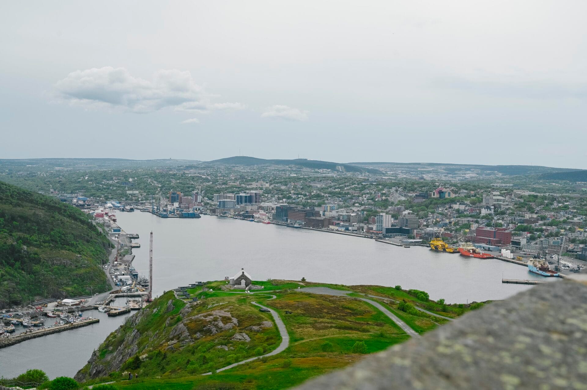 looking down at the town of St. John's from the top of the cabot tower at Signal Hill National Historic Site