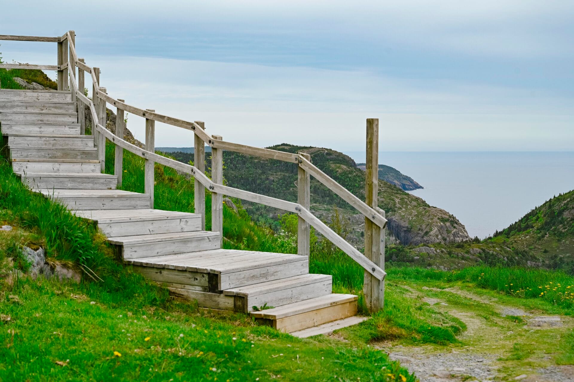 Wooden stairs at the Ladies Lookout trail at the Signal Hill National Historic Site
