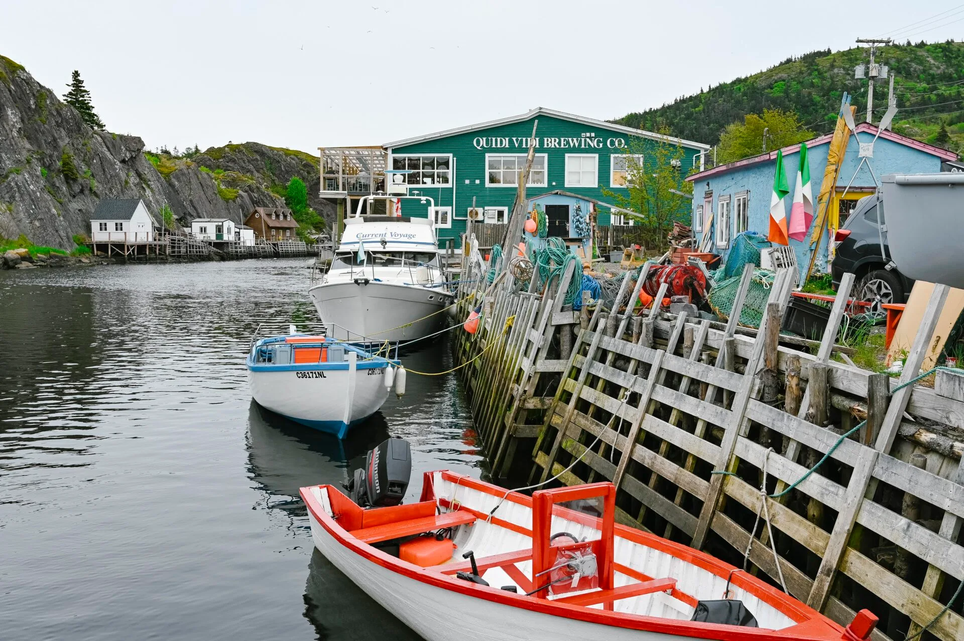 view of the boats and quidi vidi brewing co building