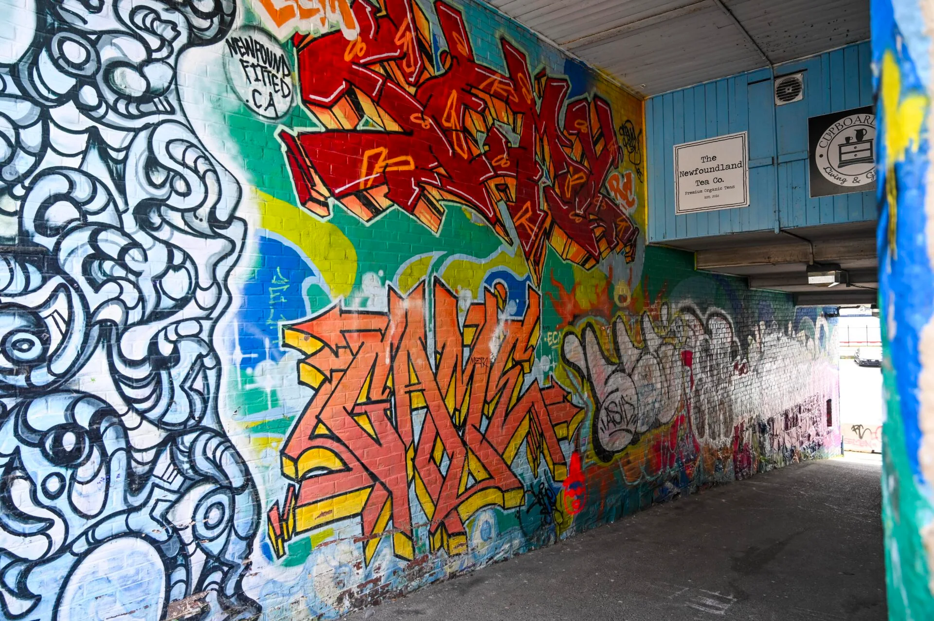 brightly coloured graffiti art on the walls of a sidewalk tunnel in st. john's newfoundland