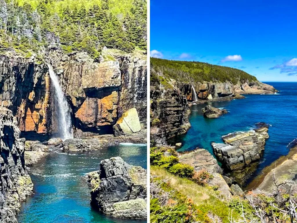 a close up and far away side by side photos of a waterfall going into the ocean