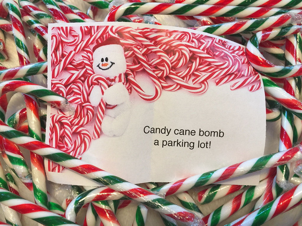 Candy cane bomb a parking lot for the adventure advent calendar