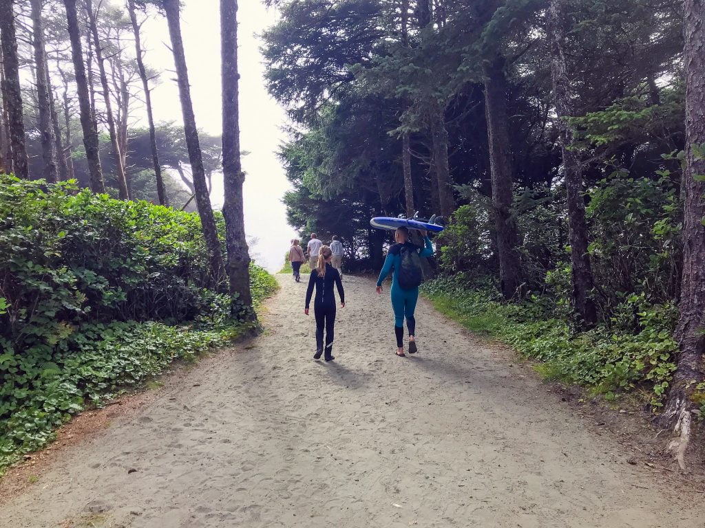 Walking to the beach for our Tofino Surf School review