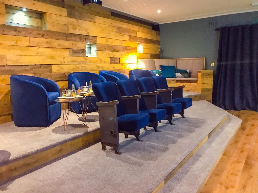 movie theatre room inside the finn lough resort in ireland