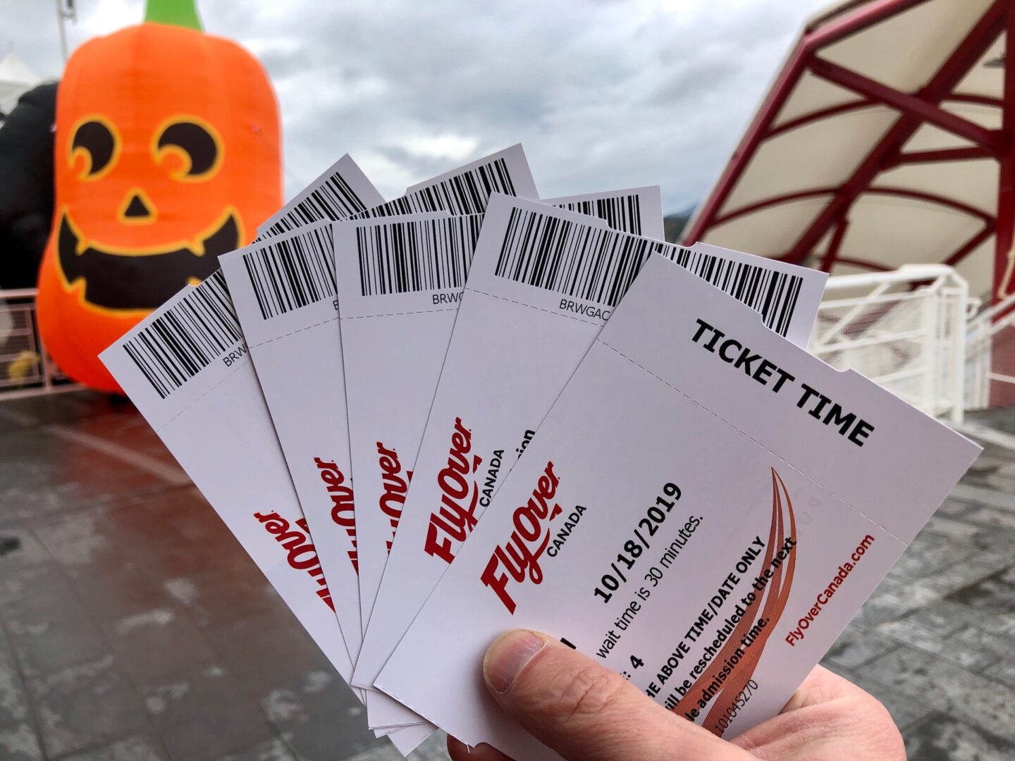 a hand holding flyover canada tickets with a blow up pumpkin the background