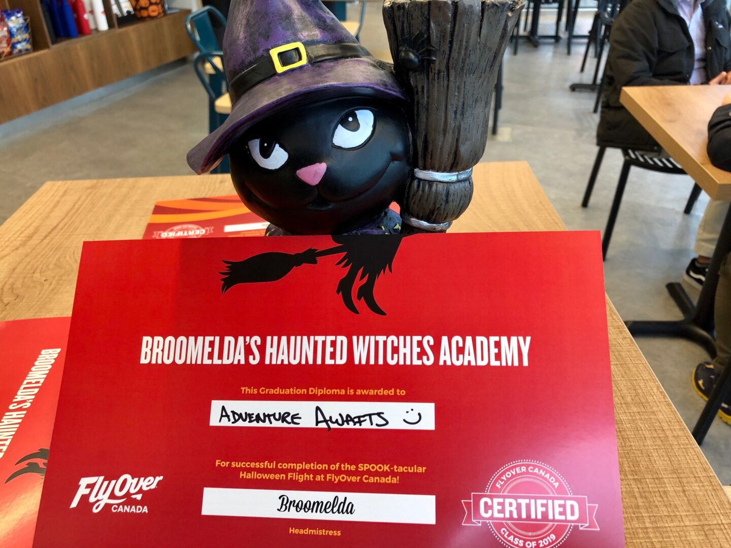broomelda's haunted witches academy certificate that you get after your Flyover Canada Halloween ride