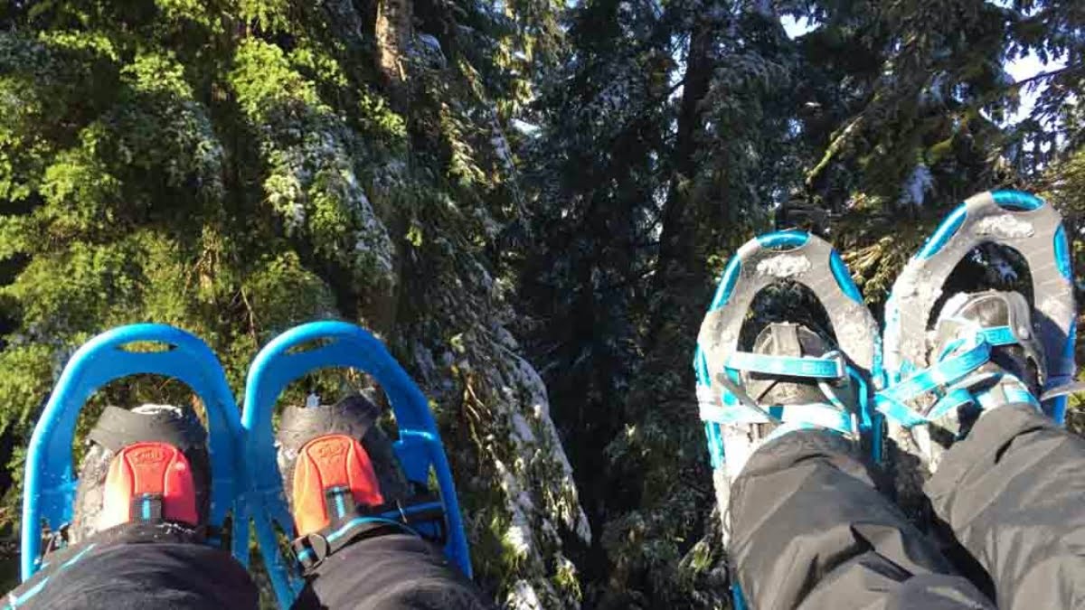 Photo of two pairs of feet with snowshoes on them