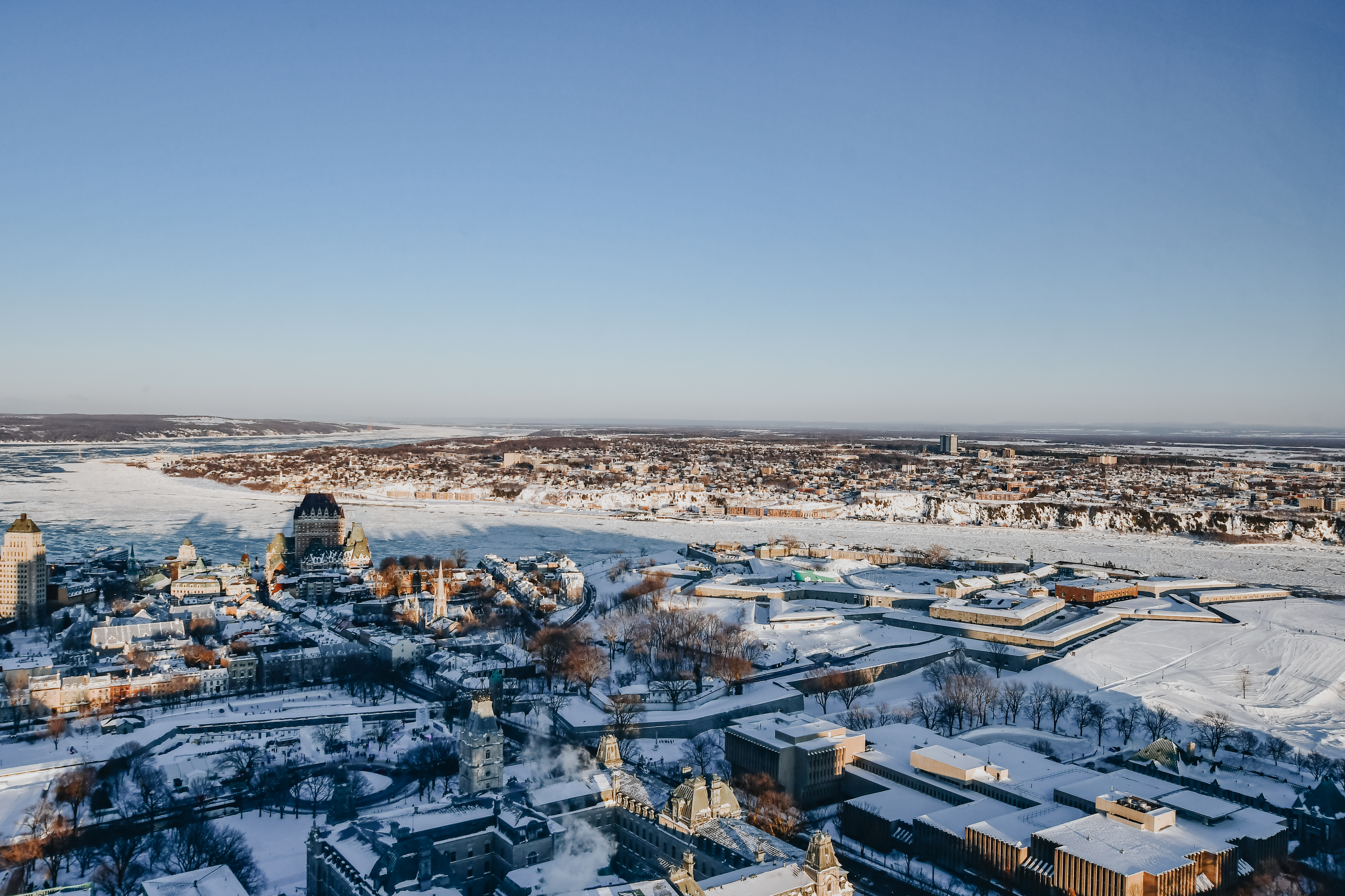 birds eye view of Quebec City during winter