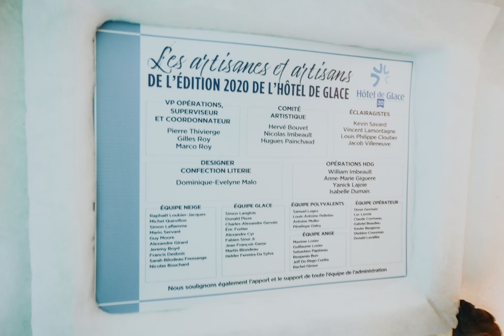 Plaque of artists who designed Hotel de glace
