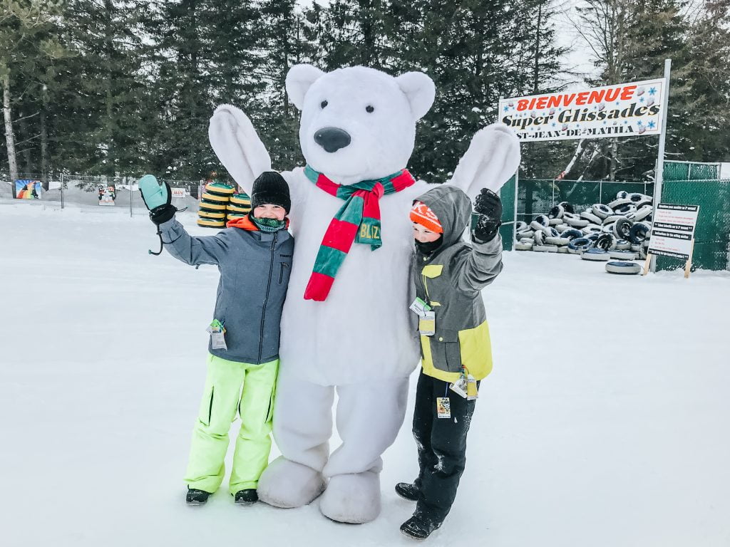 Bouncy the polar bear mascot for Snow Tubing Montreal