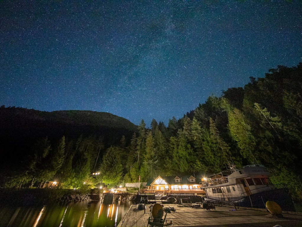 resort and docks in the evening under a starry sky