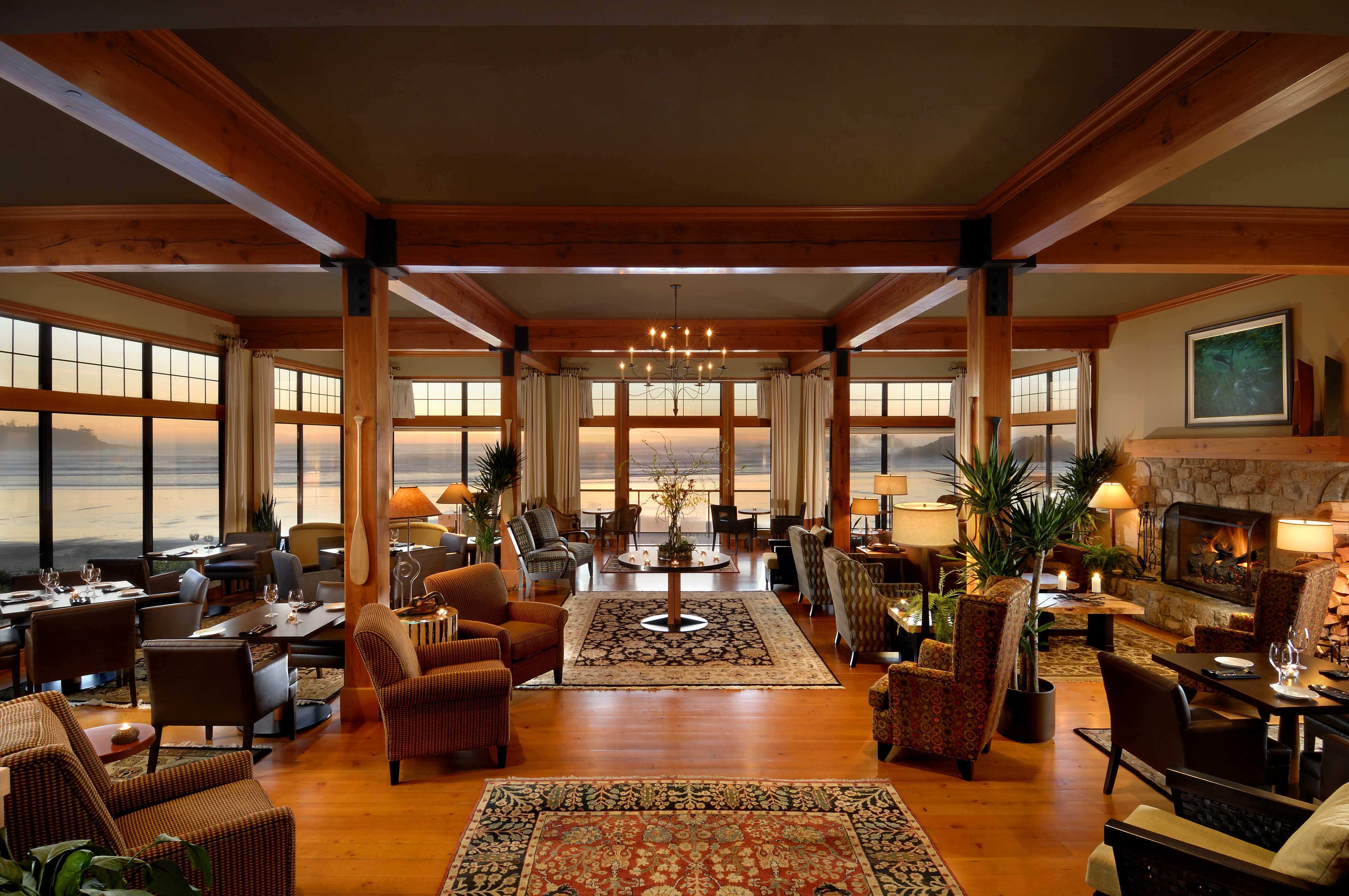 inside dining and great room at long beach lodge resort in tofino