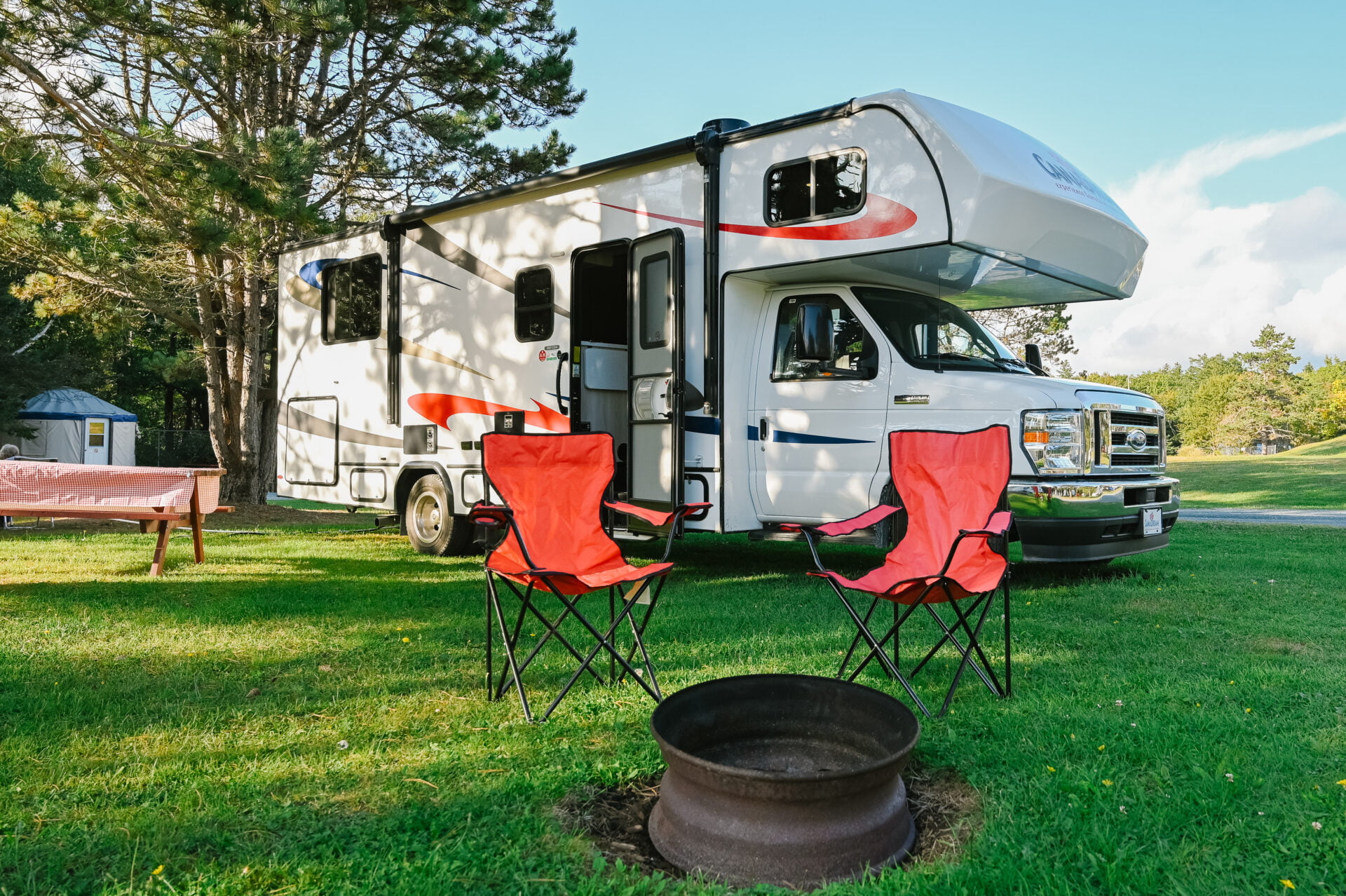 canadream rv rental set up at a campsite on our Nova Scotia RV road trip