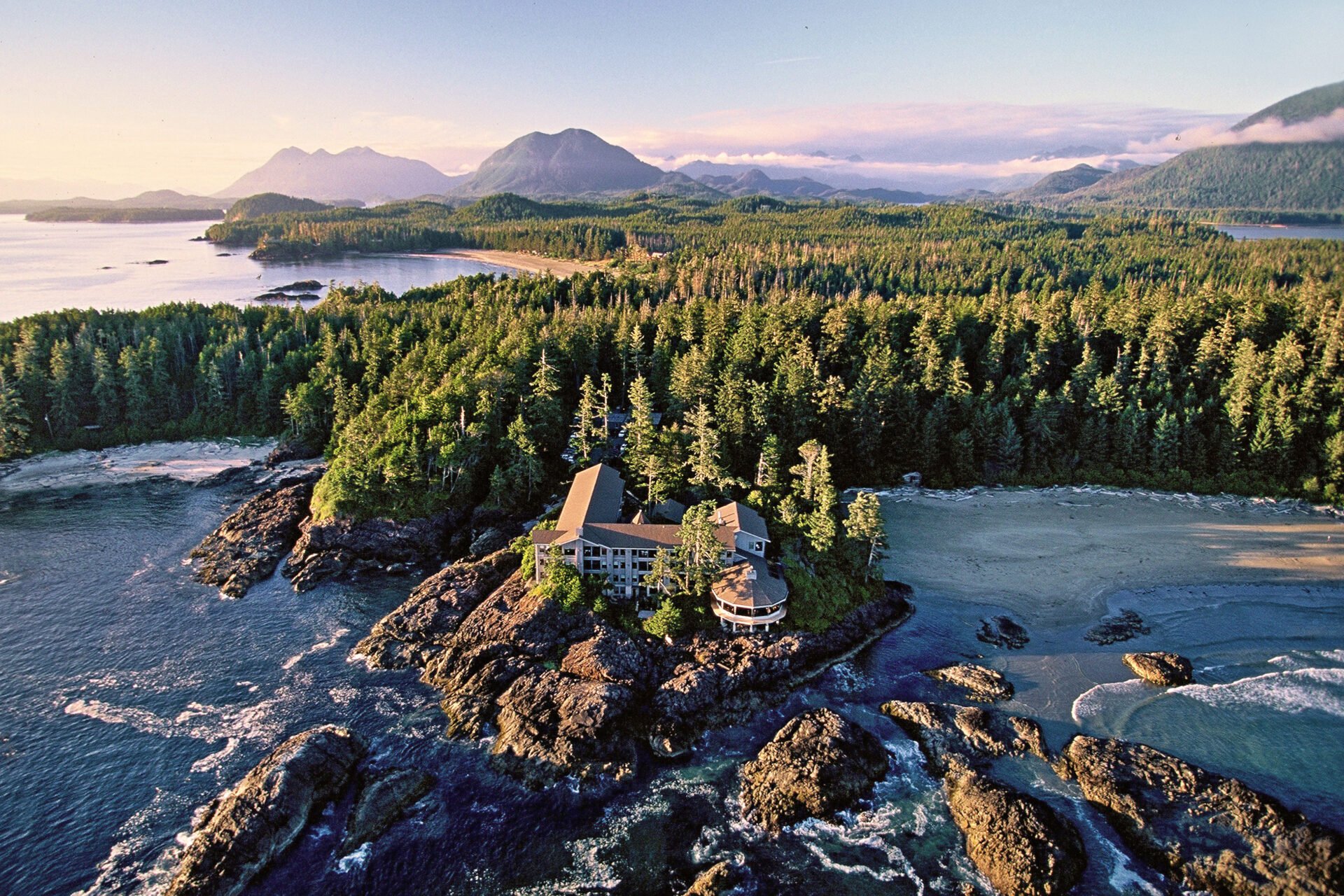 aerial view of the wickanninish inn, the best storm watching hotel in tofino 