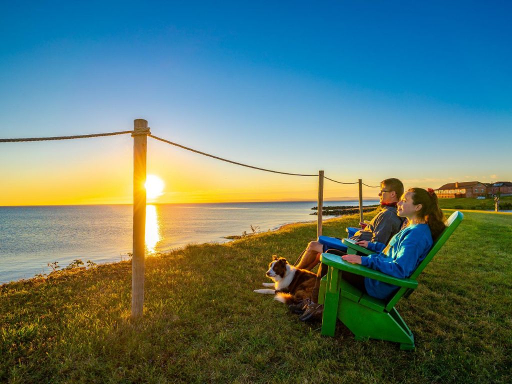 two people and their dog sitting in green chairs overlooking the ocean in pictou nova scotia