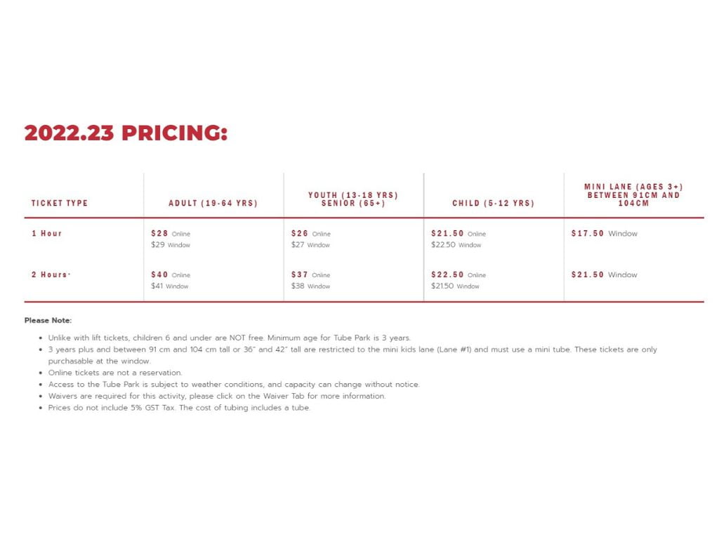pricing chart for the whistler tube park