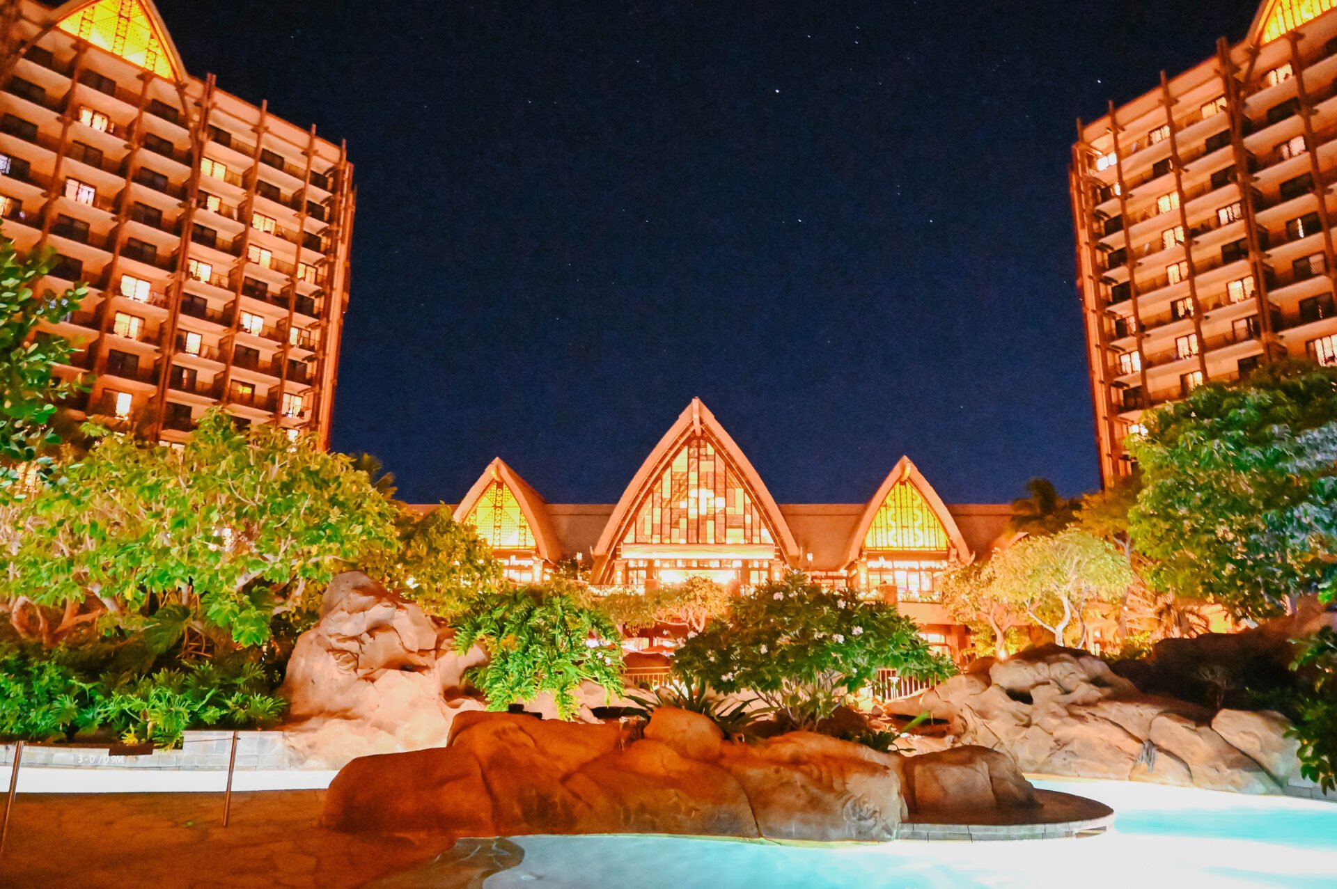 night time photo of the starry sky behind aulani a disney resort and spa