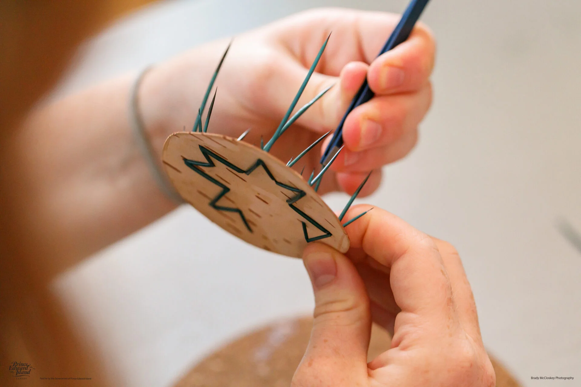 close up of an Indigenous cultural experience of quill work on birch bark