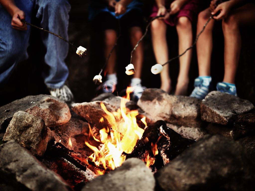 people gathered around a campfire roasting marshmallows using their campfire supplies
