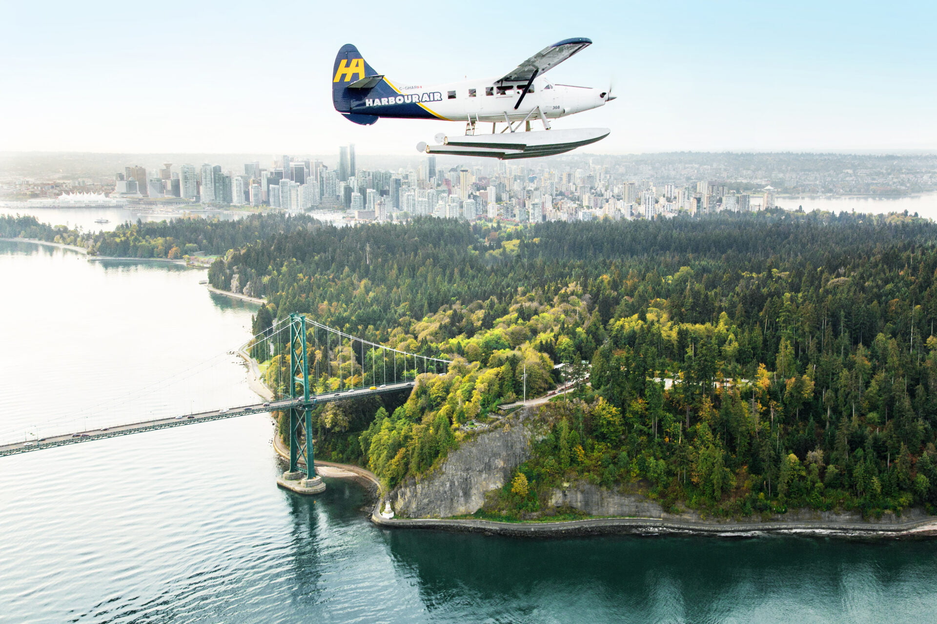 harbour air plane flying above stanley park, one of the spring break ideas vancouver