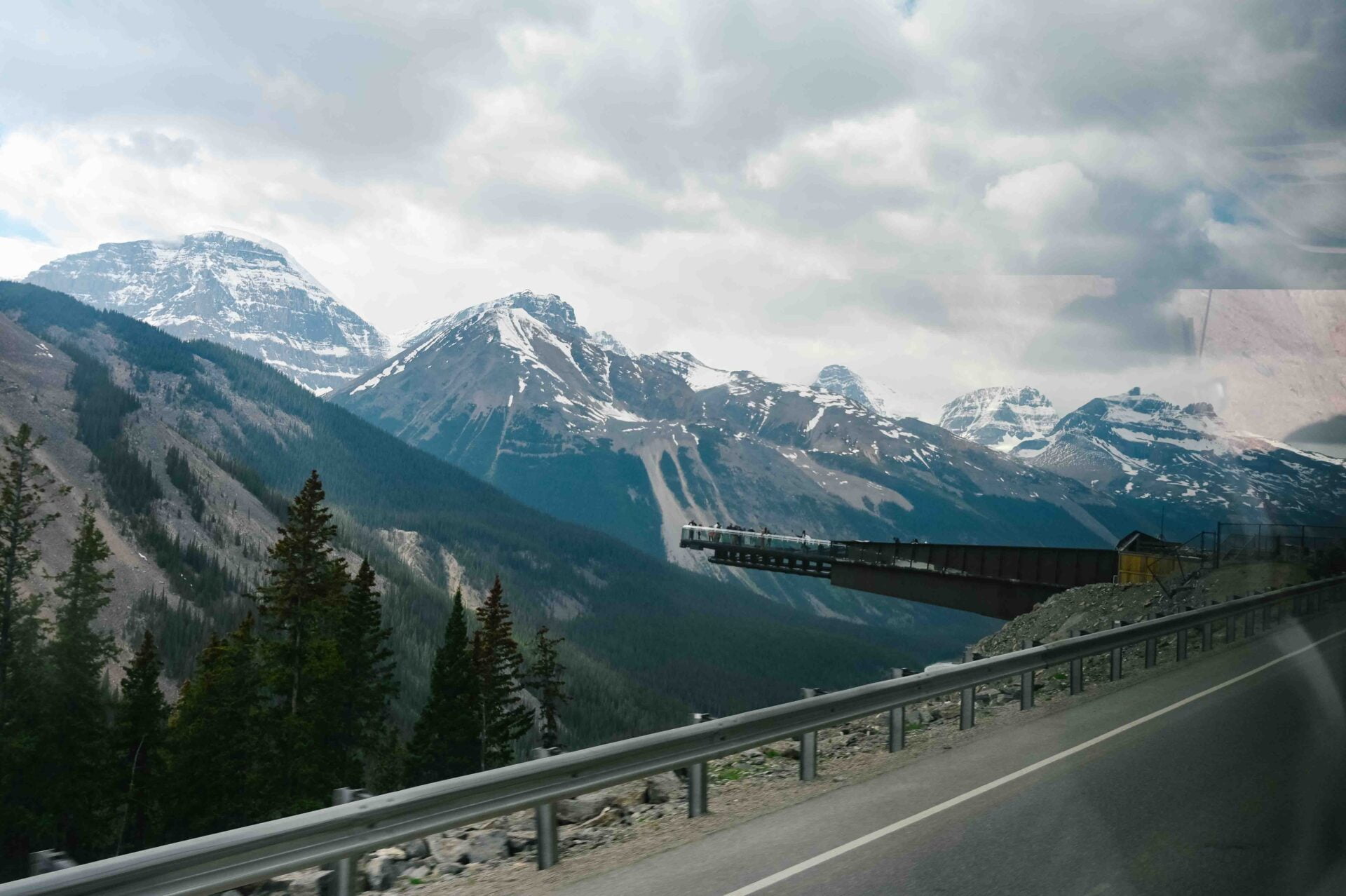 view of the columbia icefield skywalk from a distance