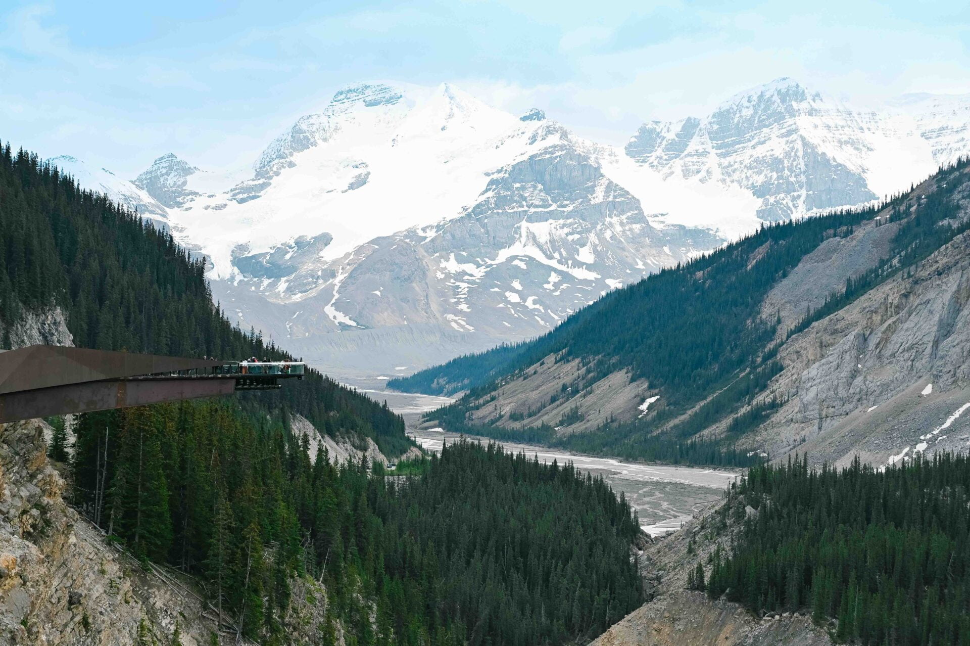 view of the columbia icefield skywalk with the rocky mountains in the background