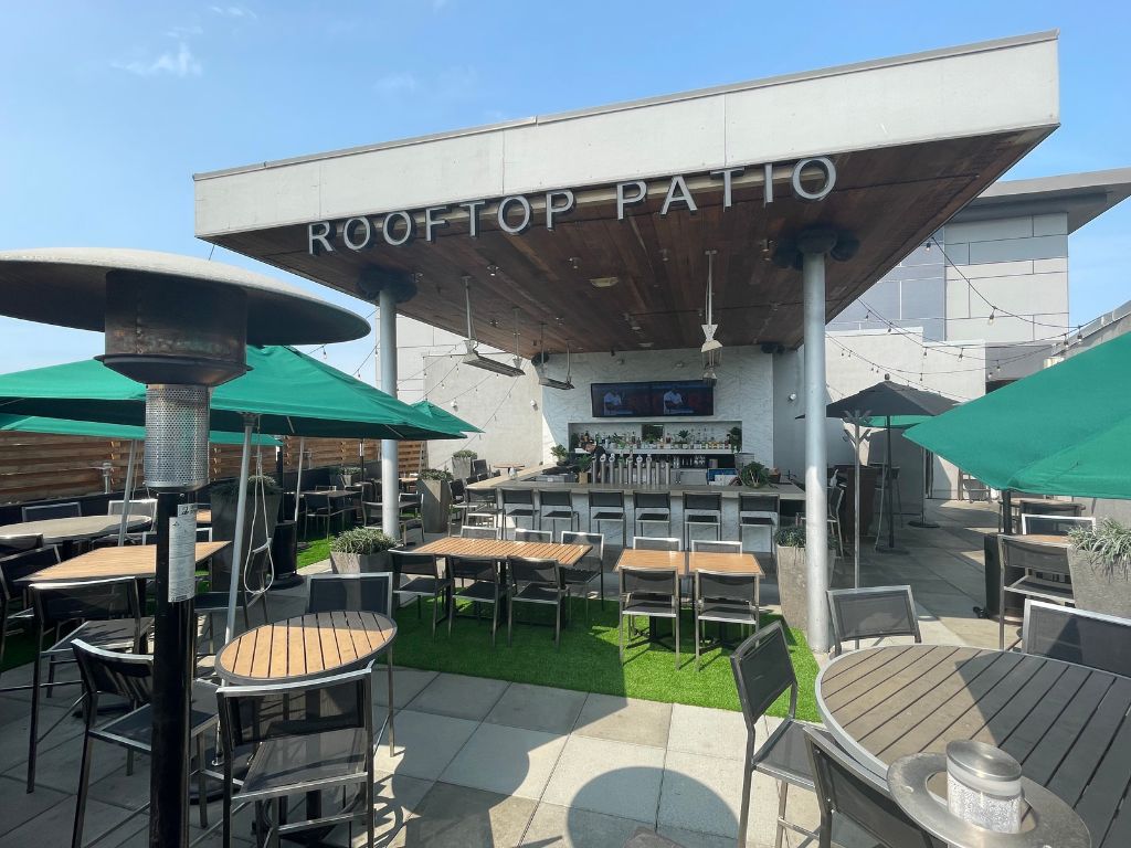 the rooftop patio at the Moxie's Restaurant, one of the best patios langley