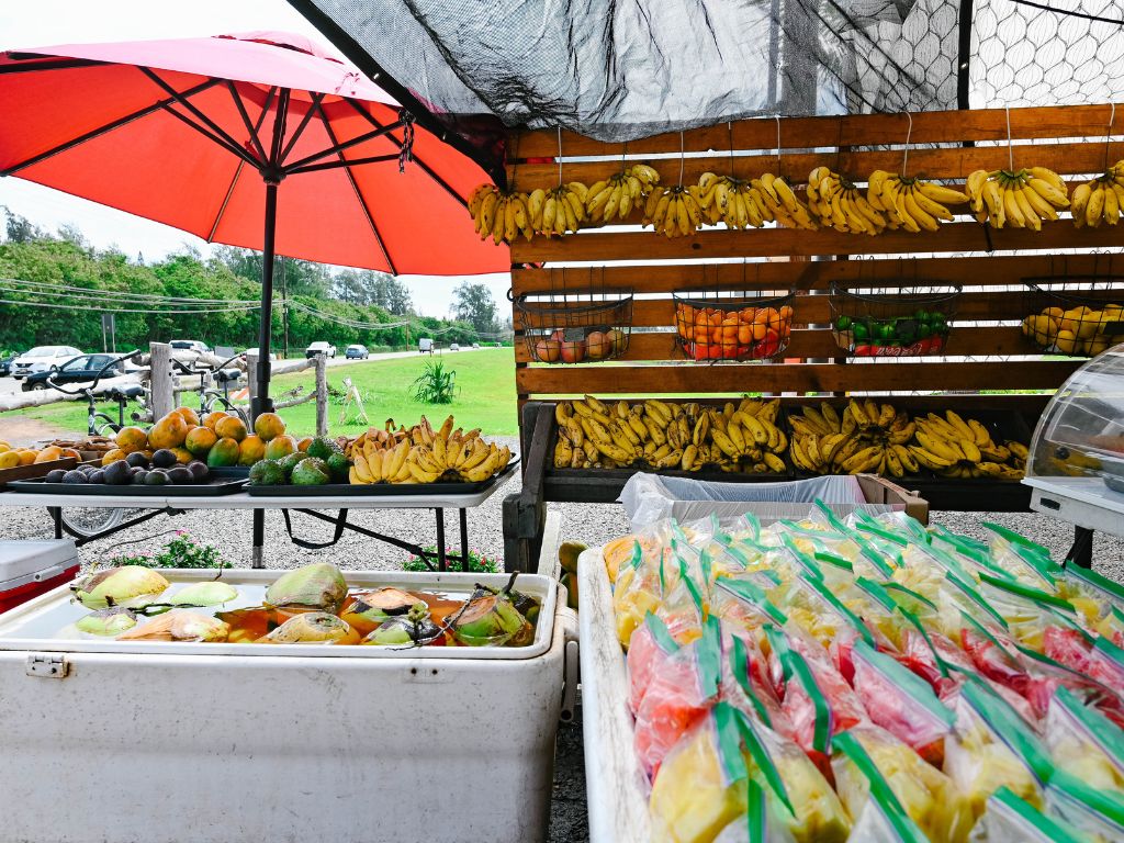 roadside stand in hawaii selling a variety of fresh fruit 