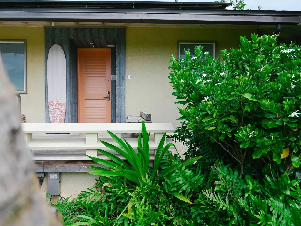 front entrance to a bungalow at turtle bay resort