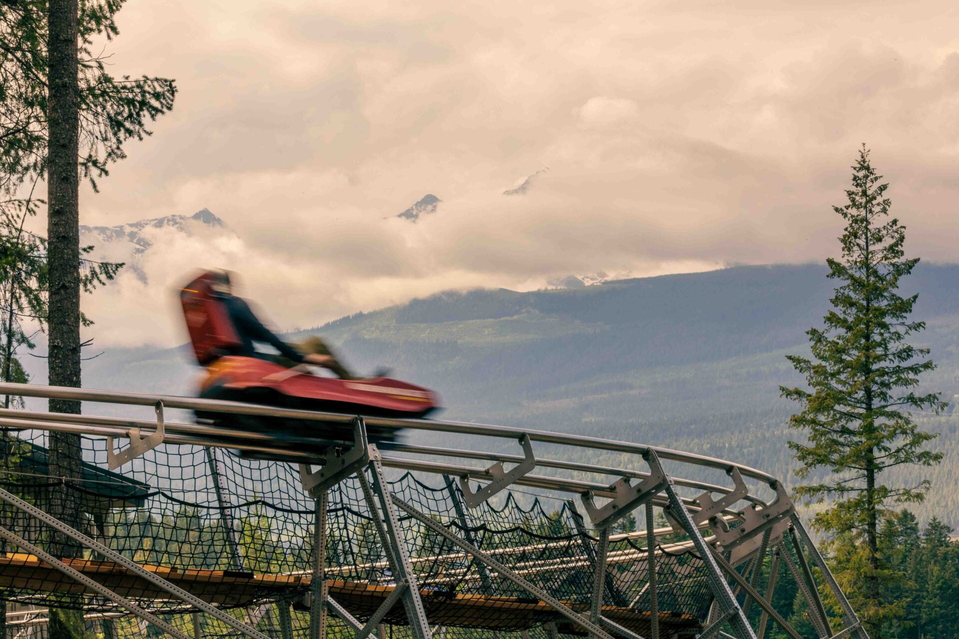 action photo of someone going around a tight curve on the mountain coaster at the golden suspension bridge
