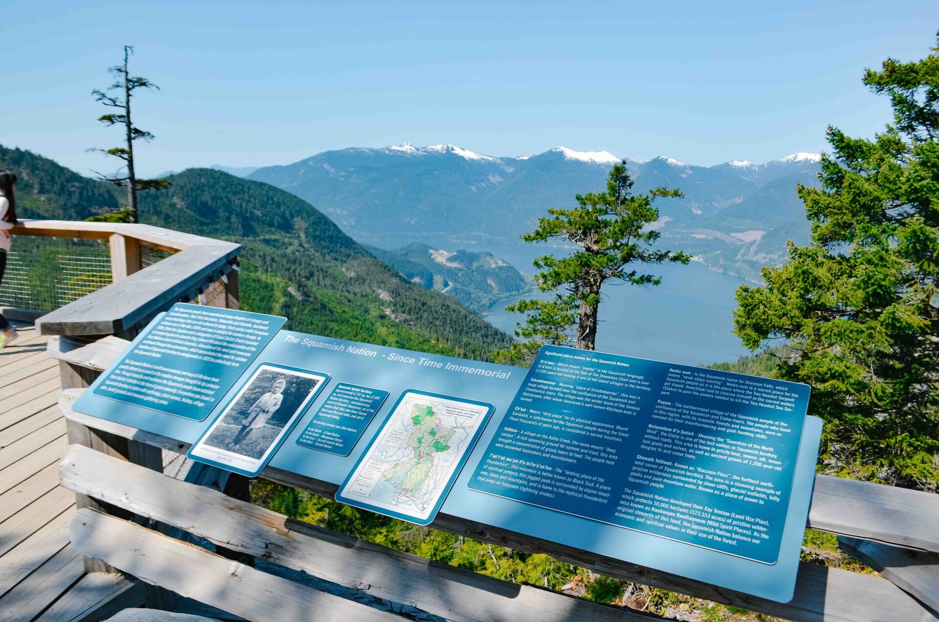 informational sign looking out towards howe sound from the top of the sea to sky gondola