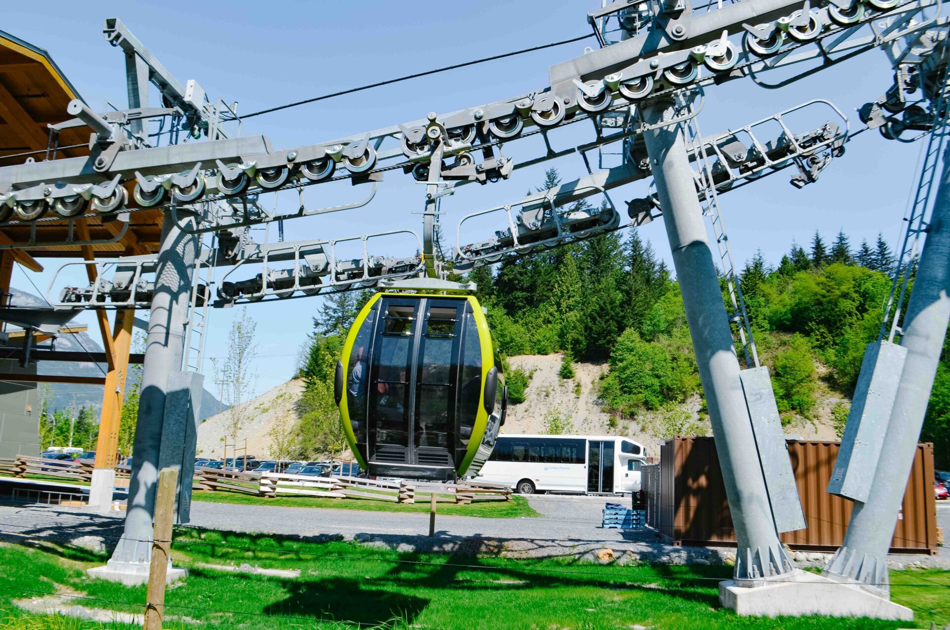 close up view of a gondola and the pully and cable system at the sea to sky gondola
