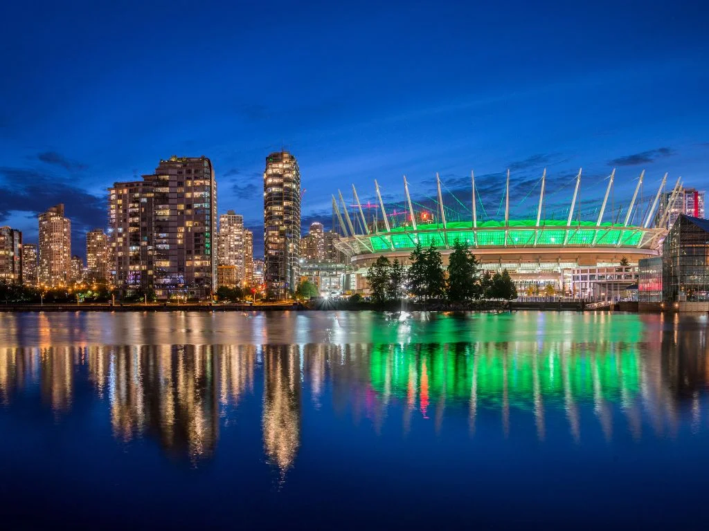 outside view of bc place and downtown vancouver at night