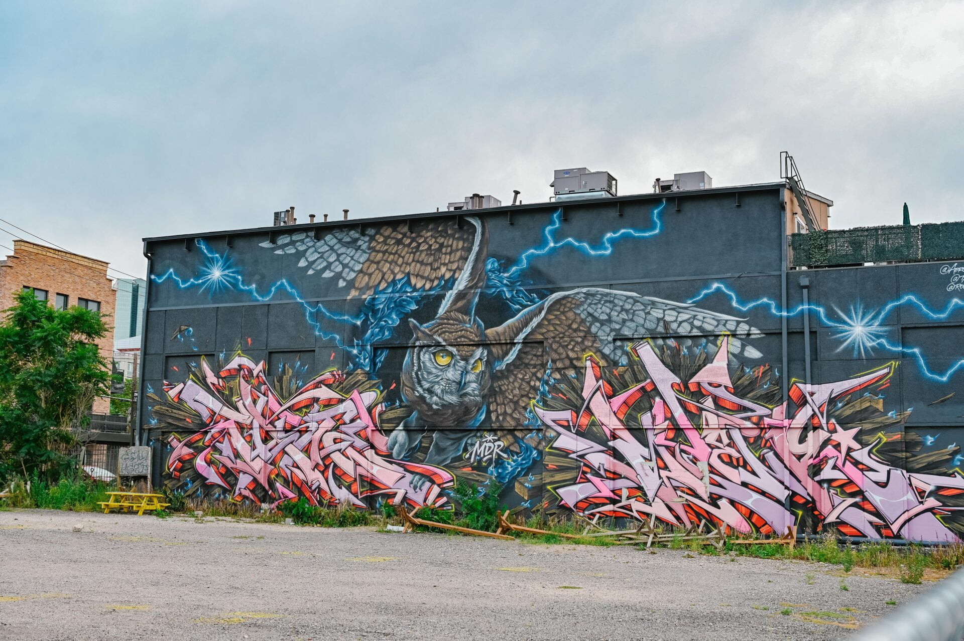 large wall mural of a flying owl, lightning and wild style font lettering, seen on the denver graffiti tour
