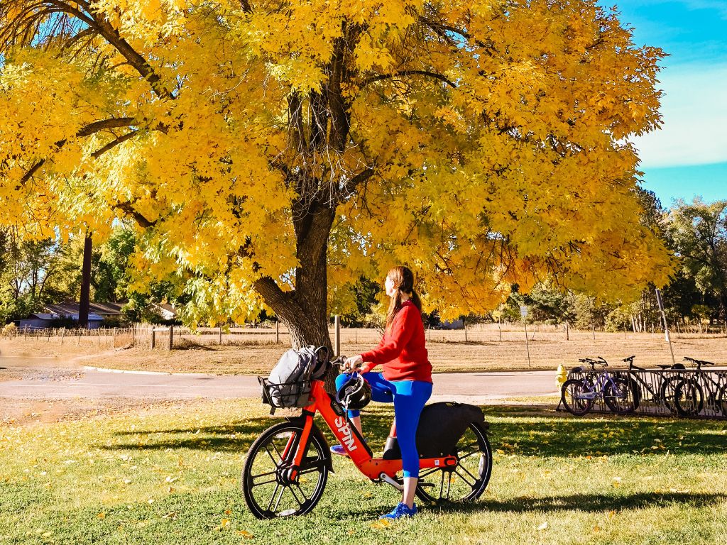 woman sits on an ebike and is turned to look at a brightly coloured yellow tree behind her