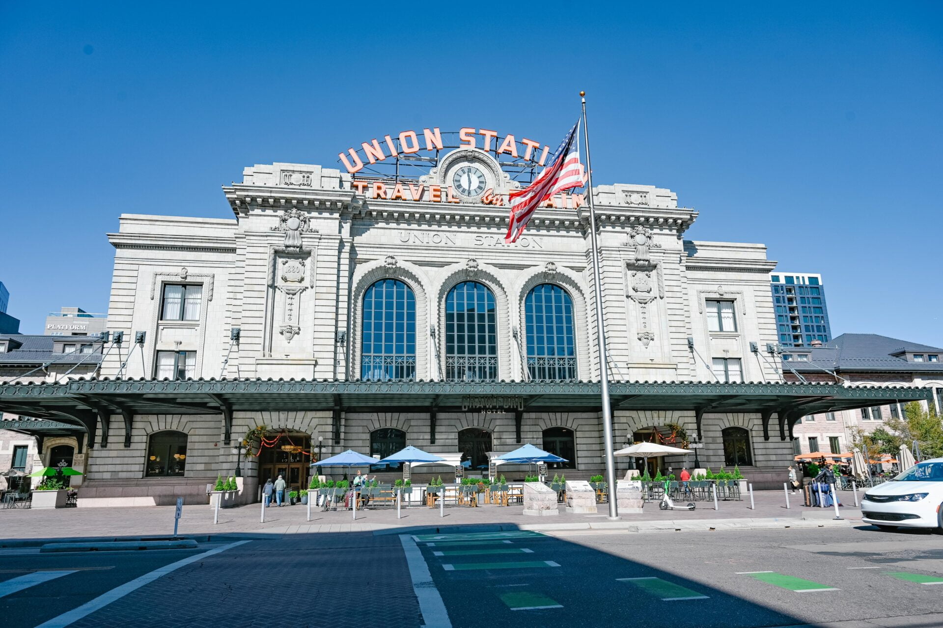front entrance of the union station building in downtown denver