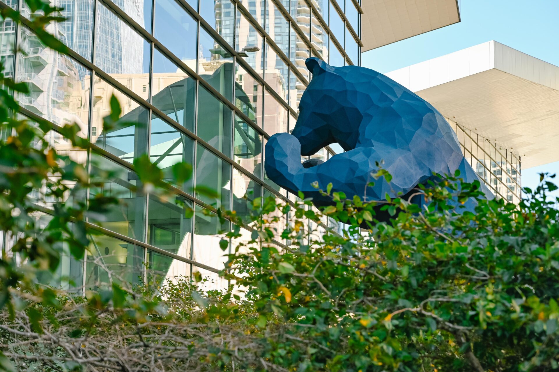 big blue bear statue that is looking into the denver convention centre building