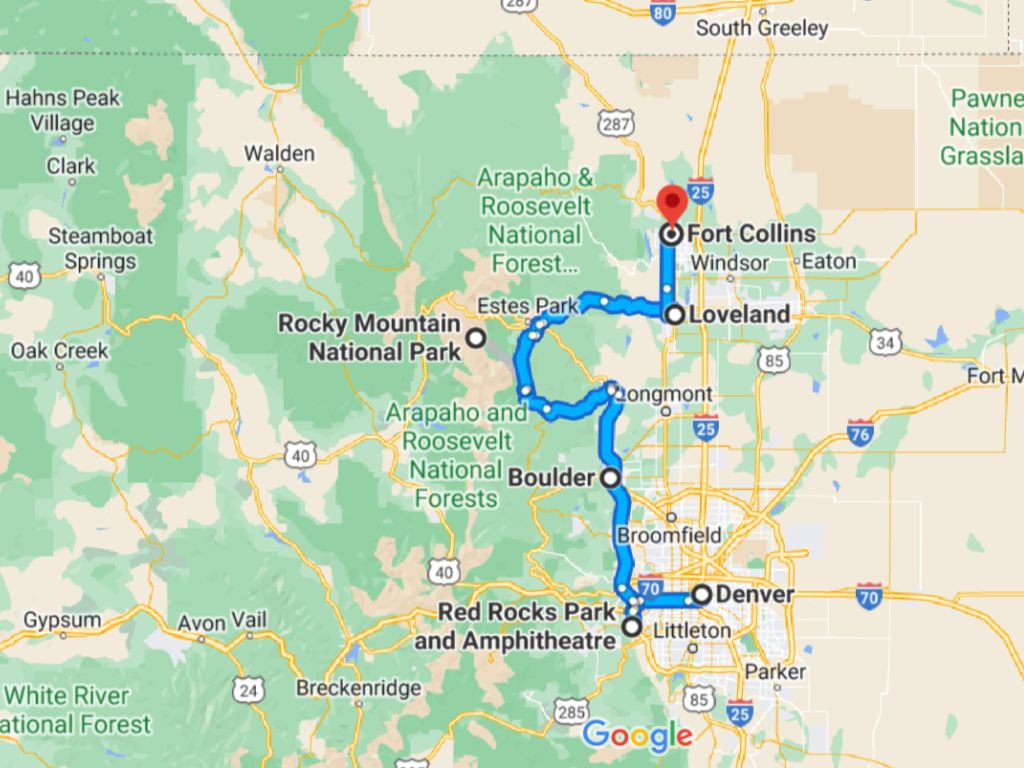 google map of the route of a Northern Colorado Road Trip