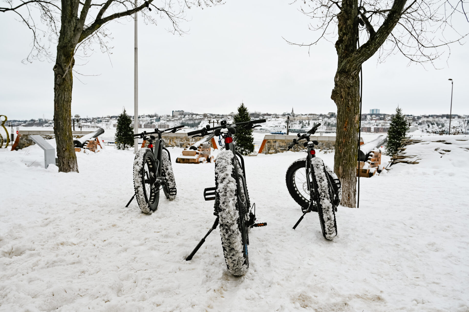 three e-bikes sit parked in the snow in quebec city