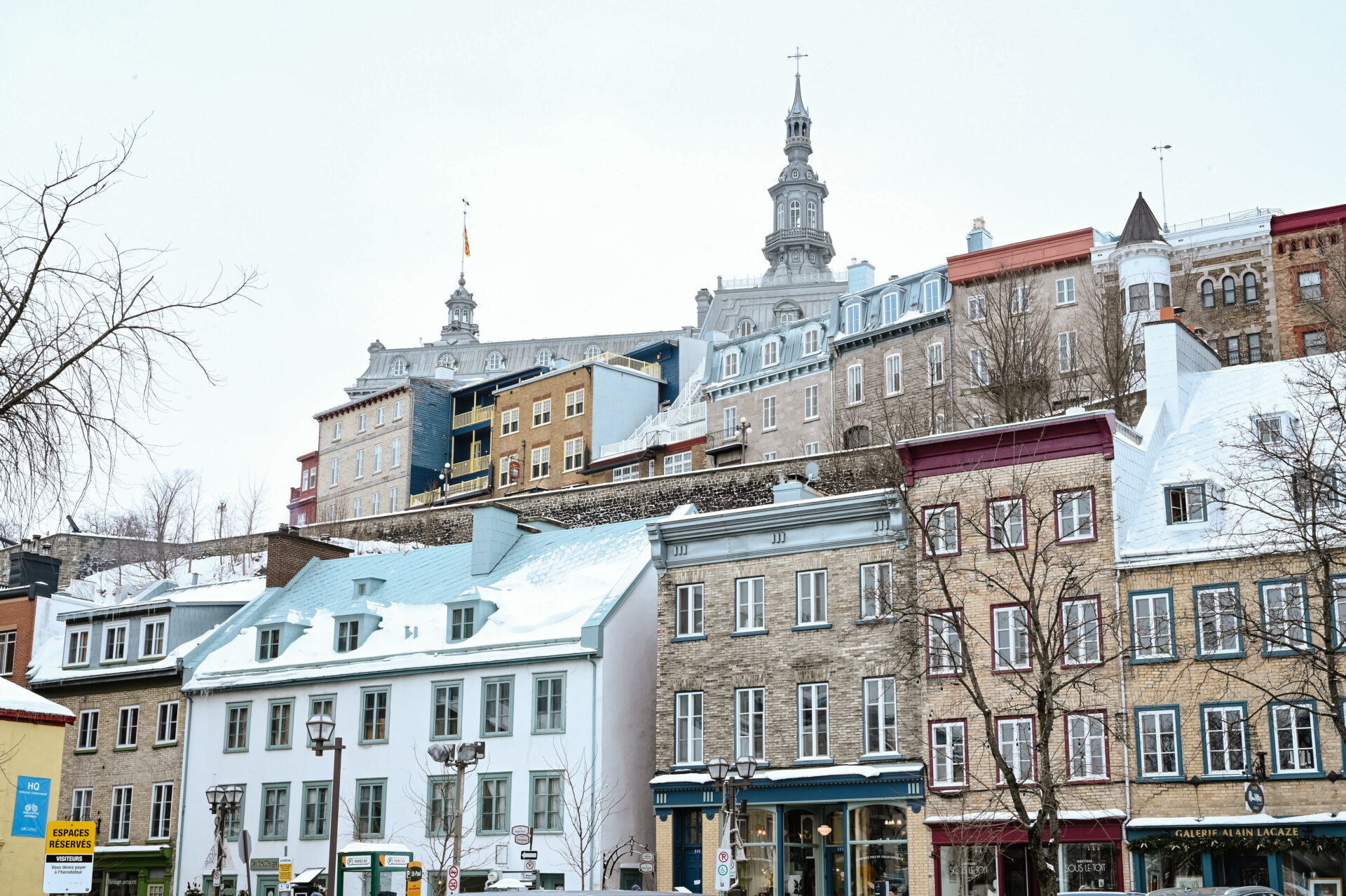 view of snow covered buildings in old Quebec city