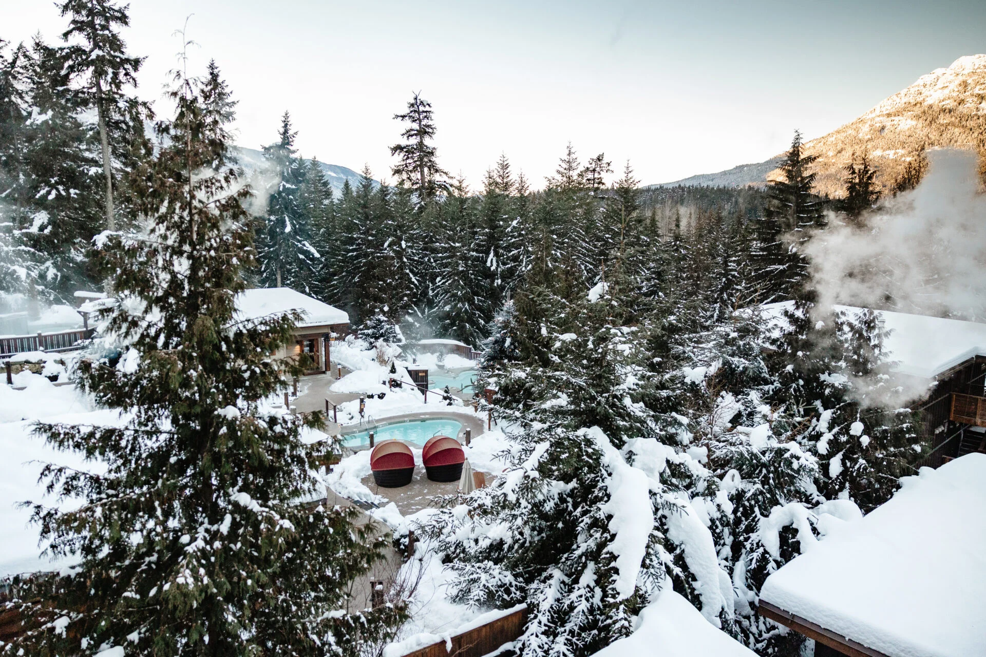 view of the pools at scandinave spa, one of the things to do in whistler in winter for non-skiers