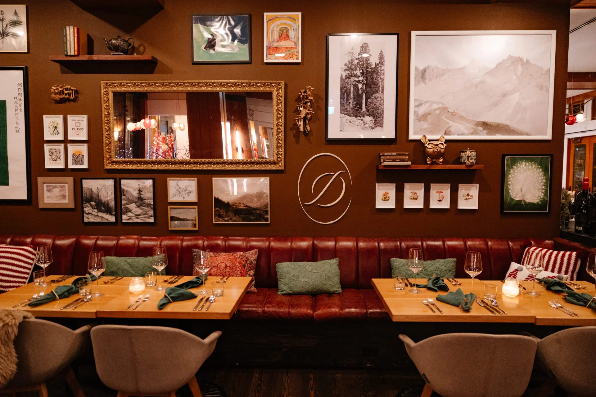 an intimate seating area in the den restaurant in nita lake lodge in whistler