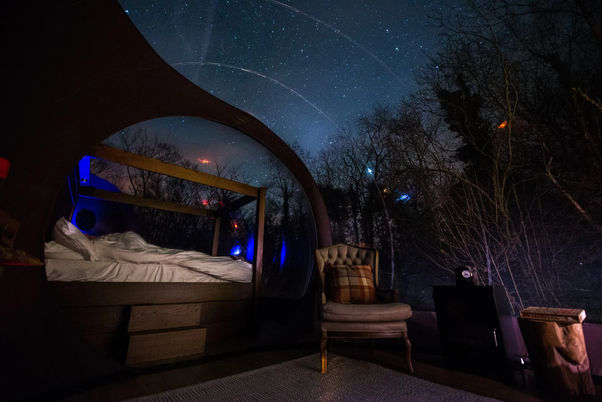 starry night sky view from inside a Finn Lough bubble dome at night