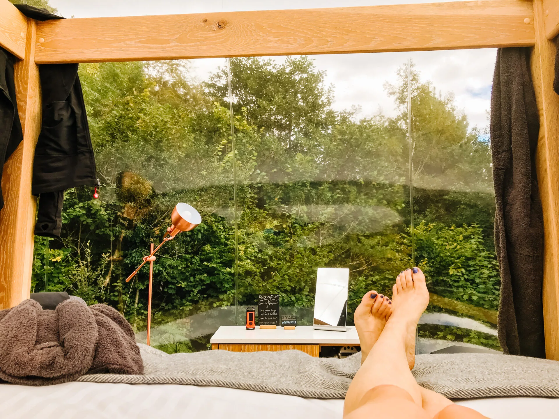 view from someone lying in bed inside a Finn Lough bubble dome