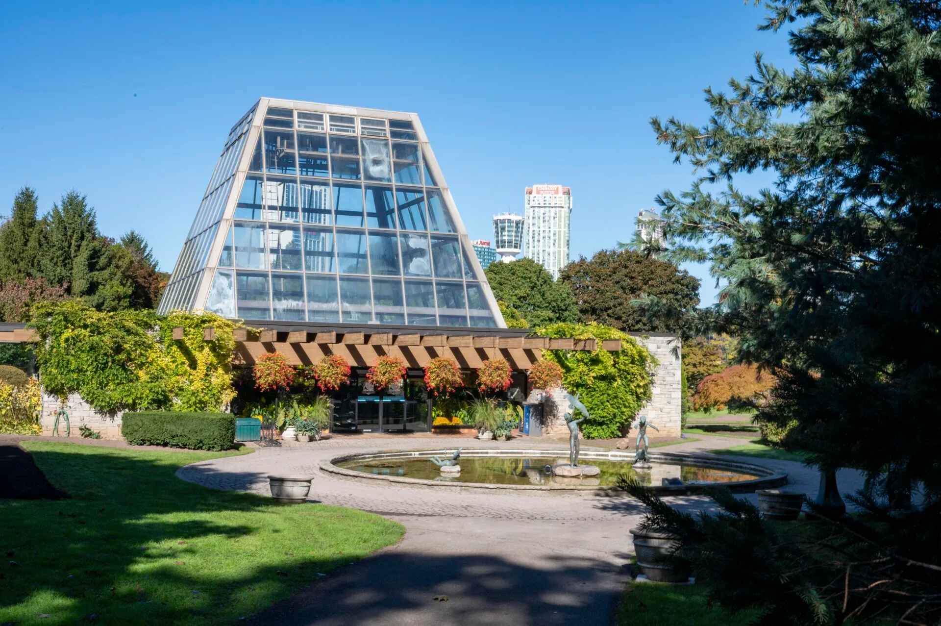 outside the floral showhouse building at Niagara Falls in October