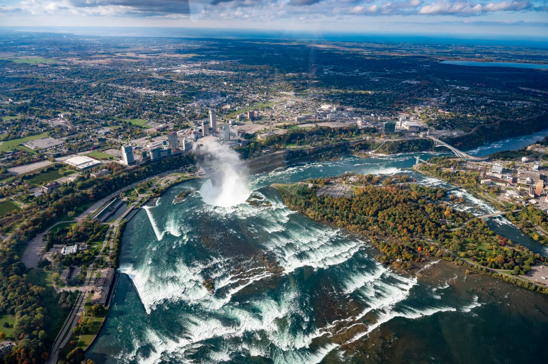 aerial view of niagara falls from a helicopter