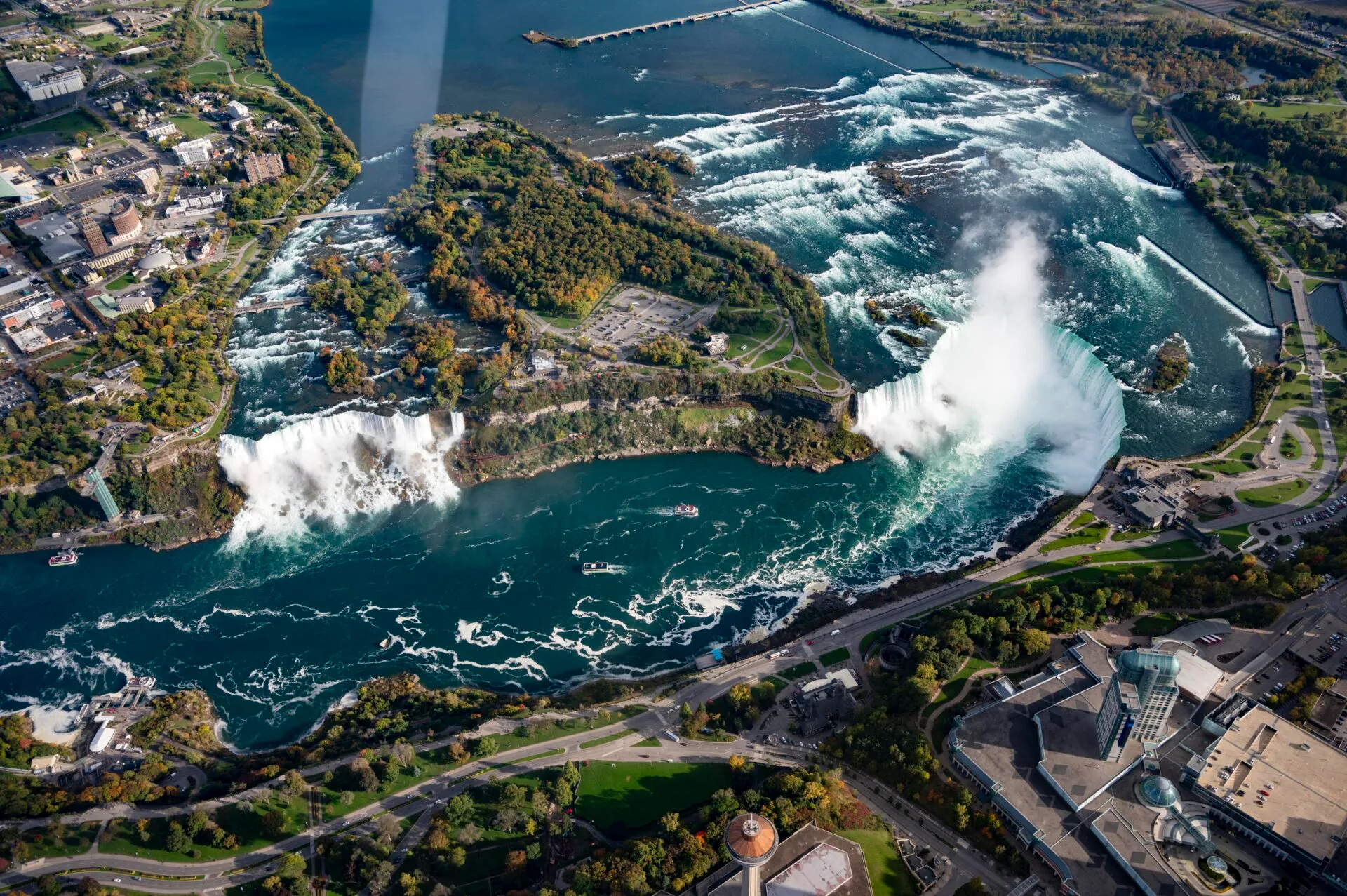 aerial view of niagara falls from a helicopter