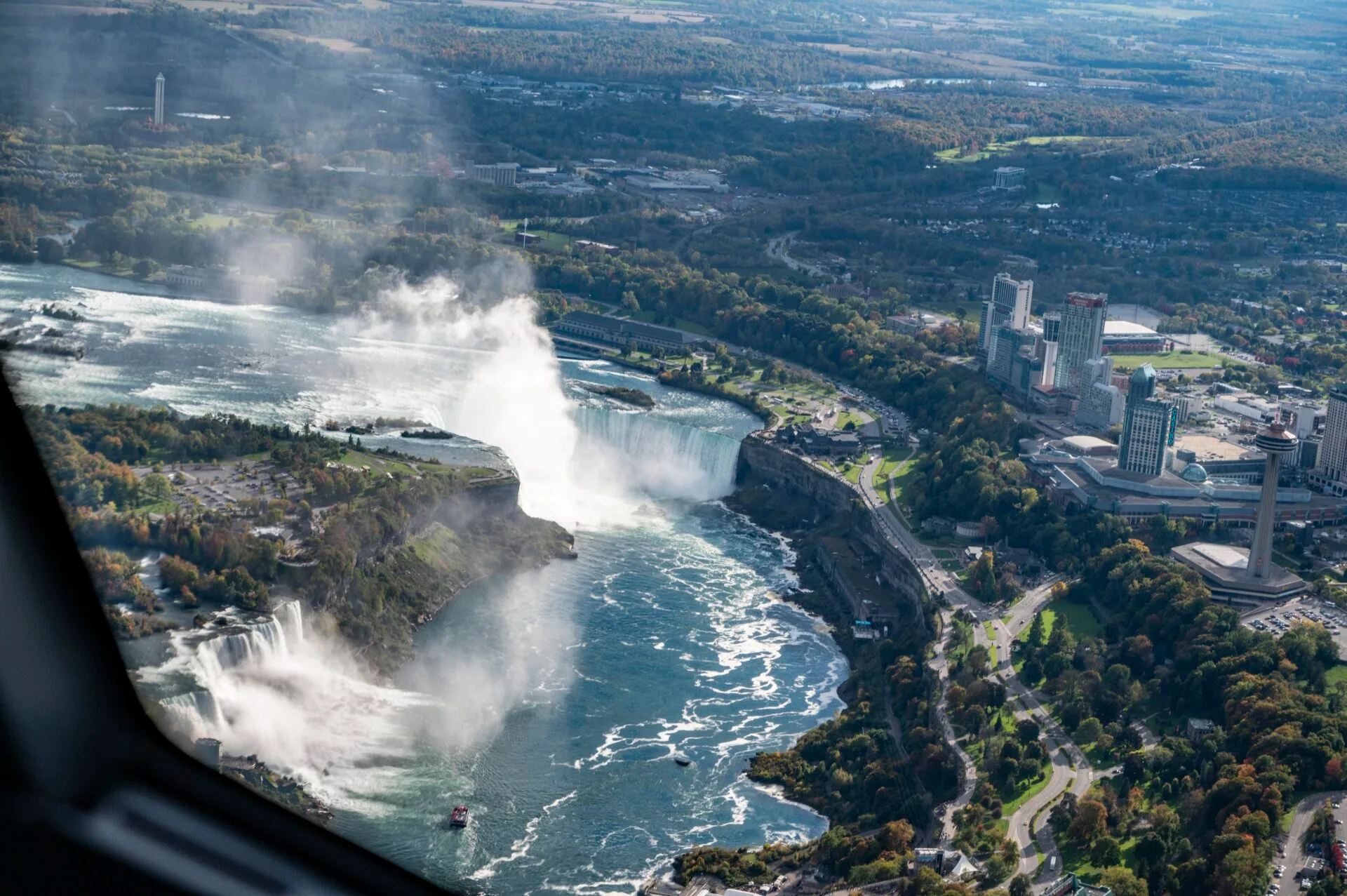 aerial view of niagara falls from a helicopter